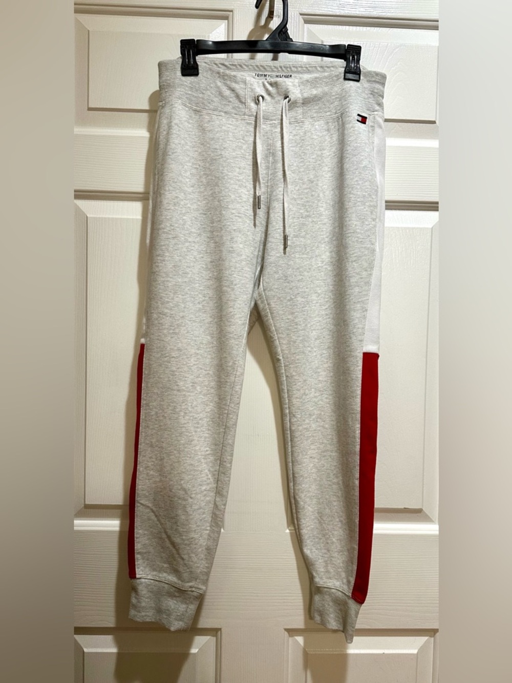 Tommy Hilfiger Light Gray Athletic Joggers with Red & White Logo Details